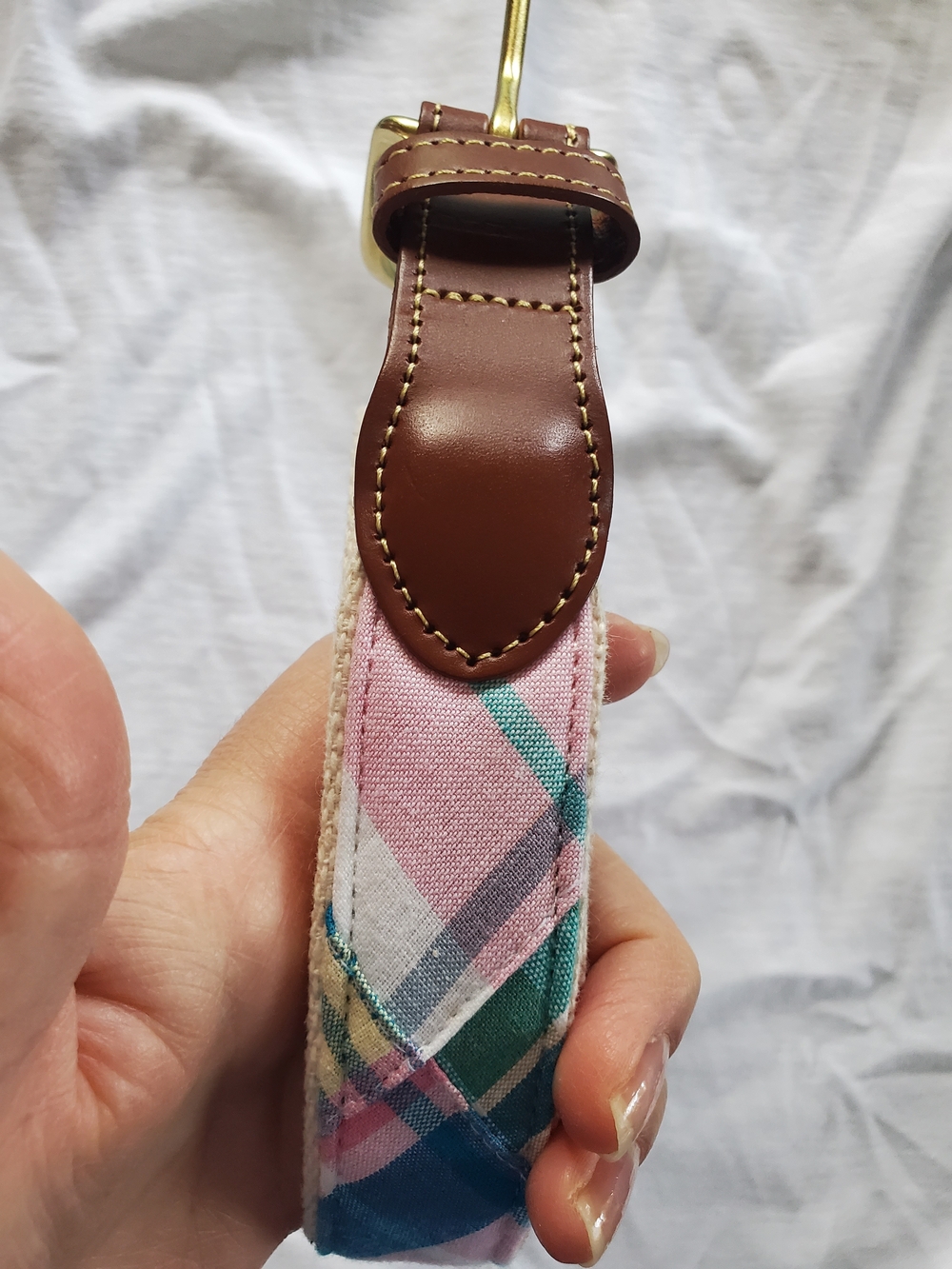 Plaid Fabric Women’s Belt with Brown Leather Trim and Gold Buckle - Pink & Teal